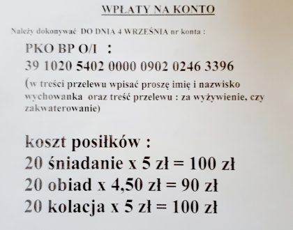Wpłaty za wyżywienie w internacie